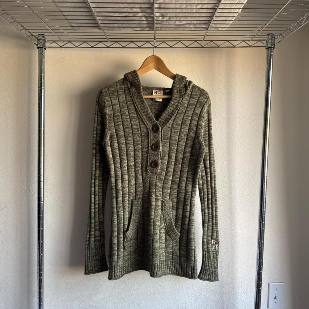 Roxy Green Button Up Knit Hooded Sweater Cardigan Long Sleeve Y2K Surf Boho